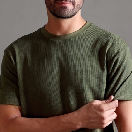 Waffle Textured Crew Neck - Olive Green - Image 4