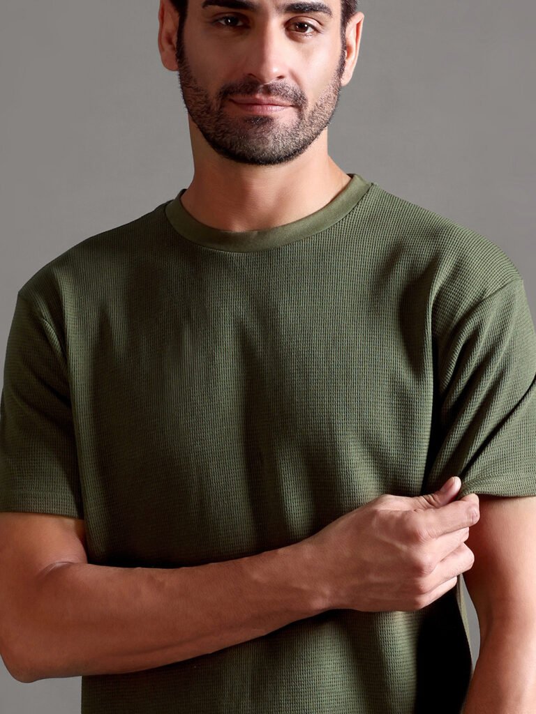 Waffle Textured Crew Neck - Olive Green