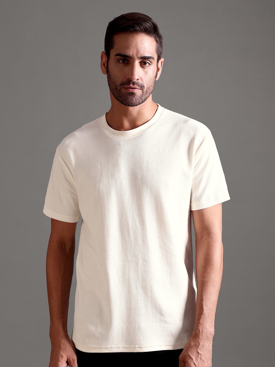 Eyelet Waffle Textured Crew Neck - Off White - Image 4