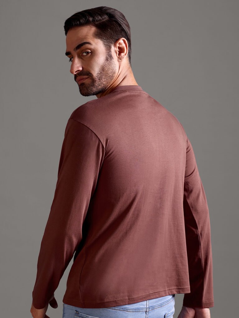 100% Pure Supima Cotton Henley Full Sleeve - Rust (Deep Maroon)