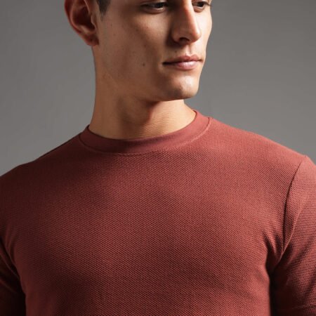 Honeycomb Waffle Textured Crew Neck - Rust (Deep Maroon) - Image 4