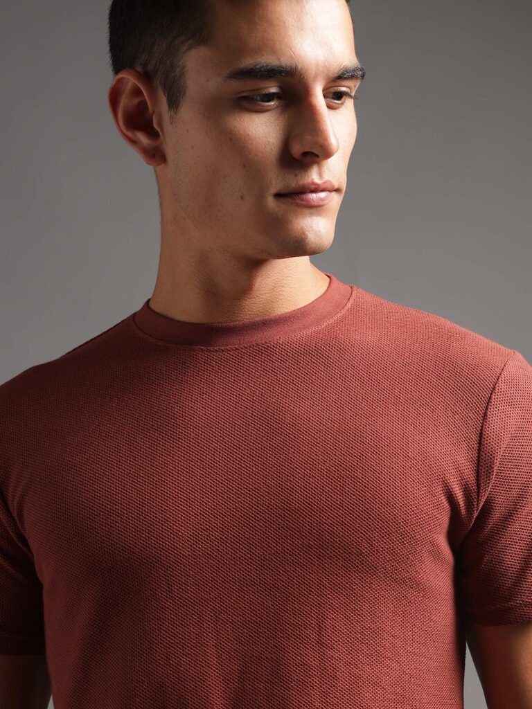 Honeycomb Waffle Textured Crew Neck - Rust (Deep Maroon)