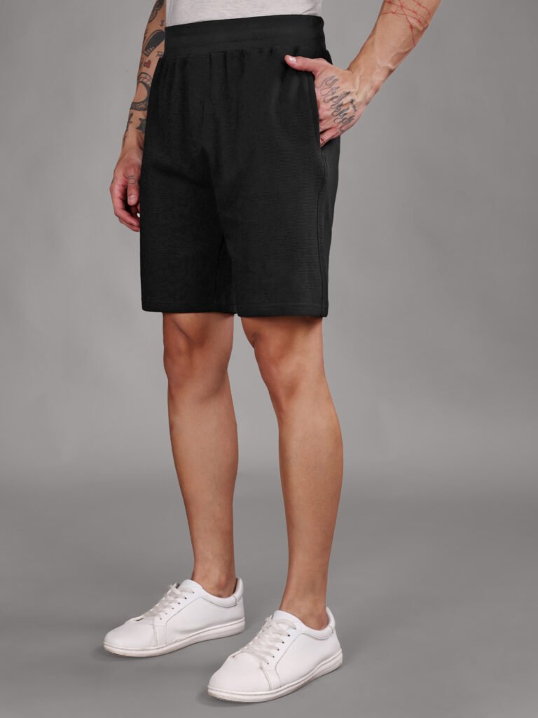 Ribbed Cotton Shorts with Zip Pocket - Black (350 GSM - Heavy)