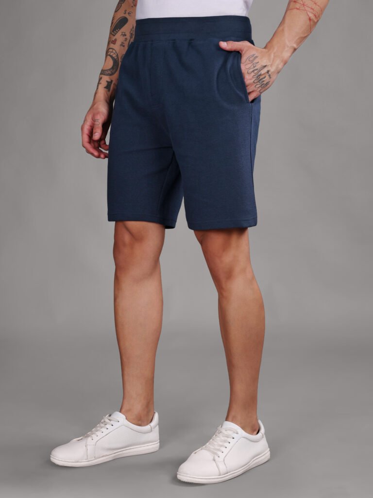 Ribbed Cotton Shorts with Zip Pocket - Navy Blue (350 GSM - Heavy)