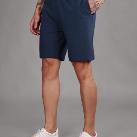 Ribbed Cotton Shorts with Zip Pocket - Navy Blue (350 GSM - Heavy)