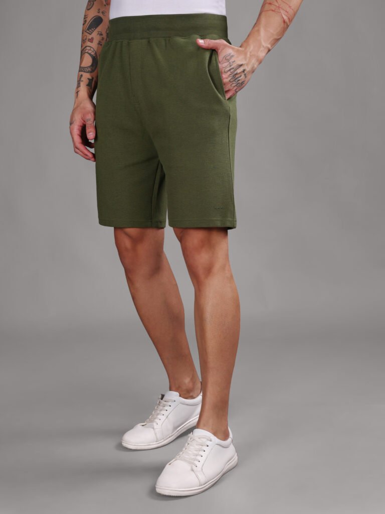 Ribbed Cotton Shorts with Zip Pocket - Olive Green (350 GSM - Heavy)