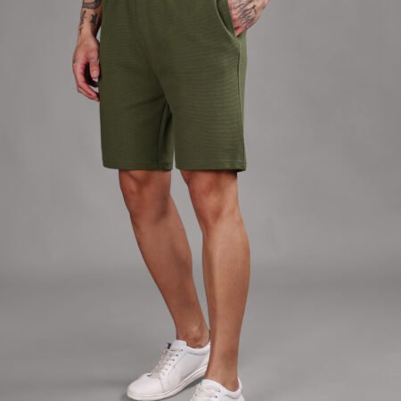 Ribbed Cotton Shorts with Zip Pocket - Olive Green (350 GSM - Heavy)
