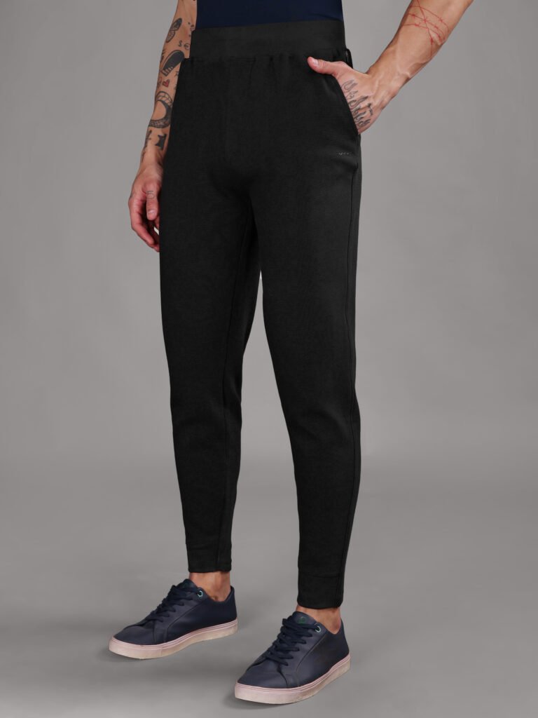 Ribbed Cotton Track Pant with Zip Pocket - Black (350 GSM - Heavy)