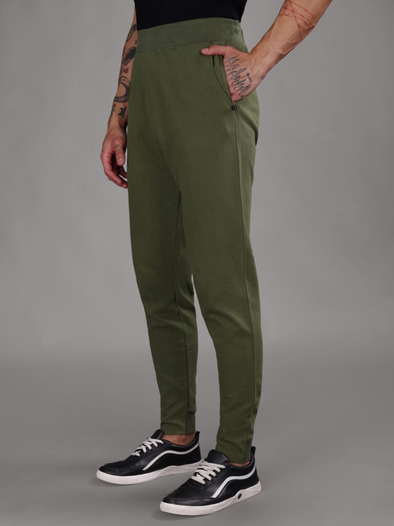 Ribbed Cotton Track Pant with Zip Pocket - Olive Green (350 GSM - Heavy)