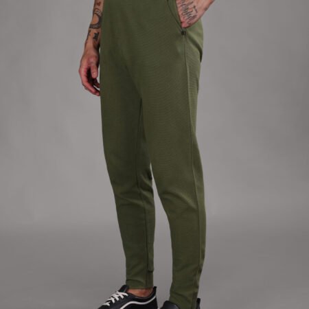 Ribbed Cotton Track Pant with Zip Pocket - Olive Green (350 GSM - Heavy)