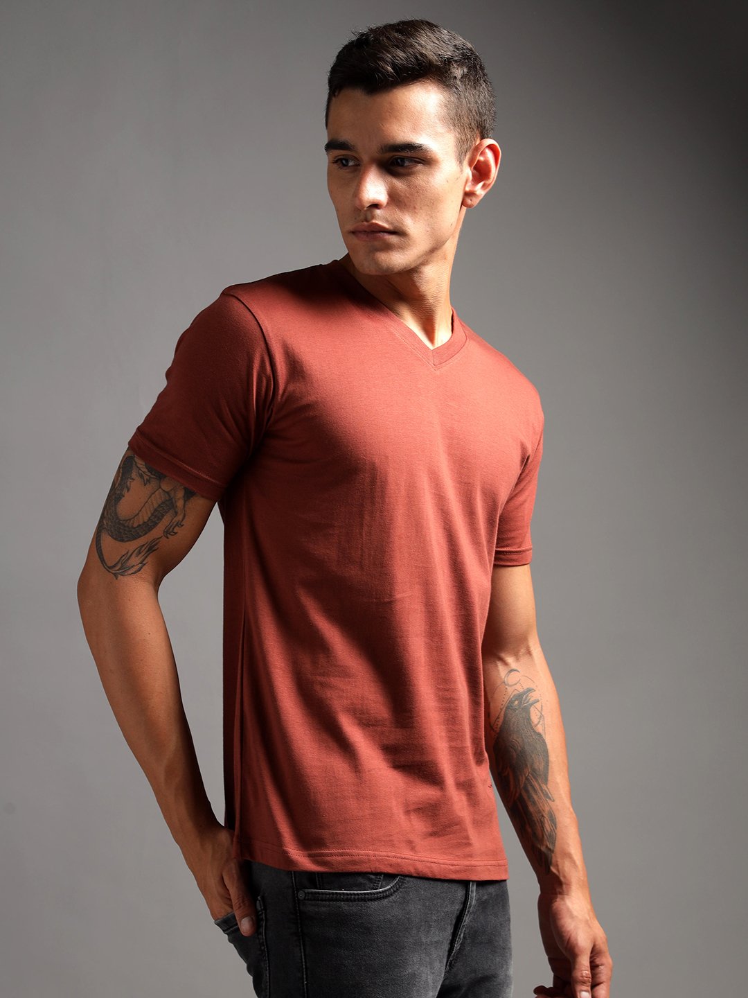 100% Pure Supima Cotton V Neck - Rust (Deep Maroon) - Image 3