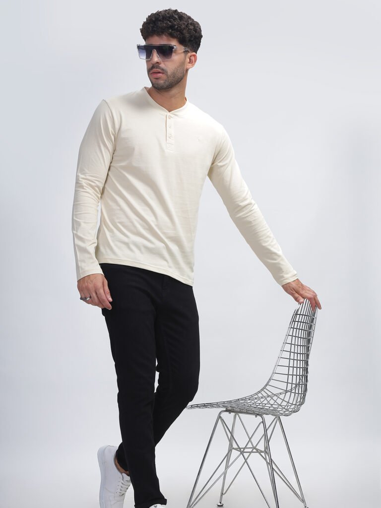 100% Pure Supima Cotton Henley Full Sleeve - Beach (Beige)