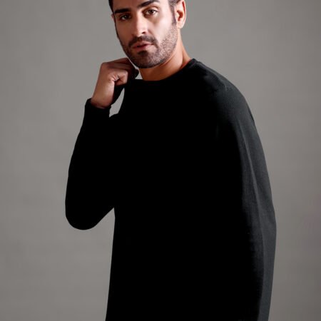 Honeycomb Waffle Textured Crew Neck Full Sleeve - Black - Image 4