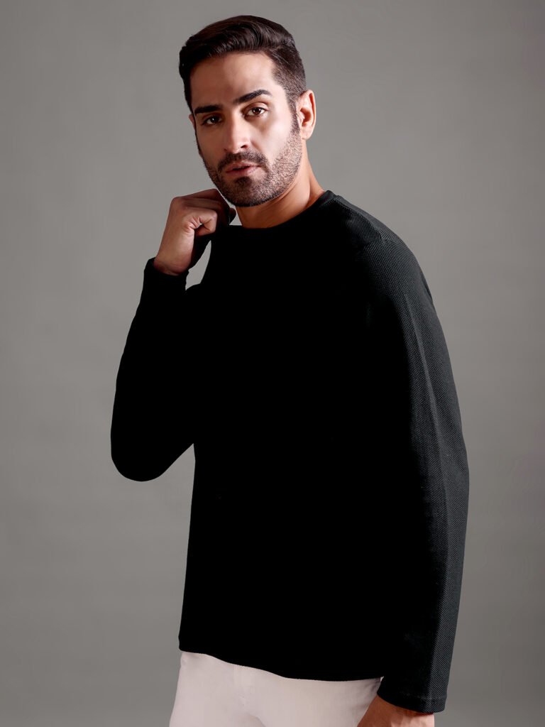 Honeycomb Waffle Textured Crew Neck Full Sleeve - Black