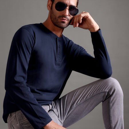 100% Pure Supima Cotton Henley Full Sleeve - Night Fall (Navy) - Image 4