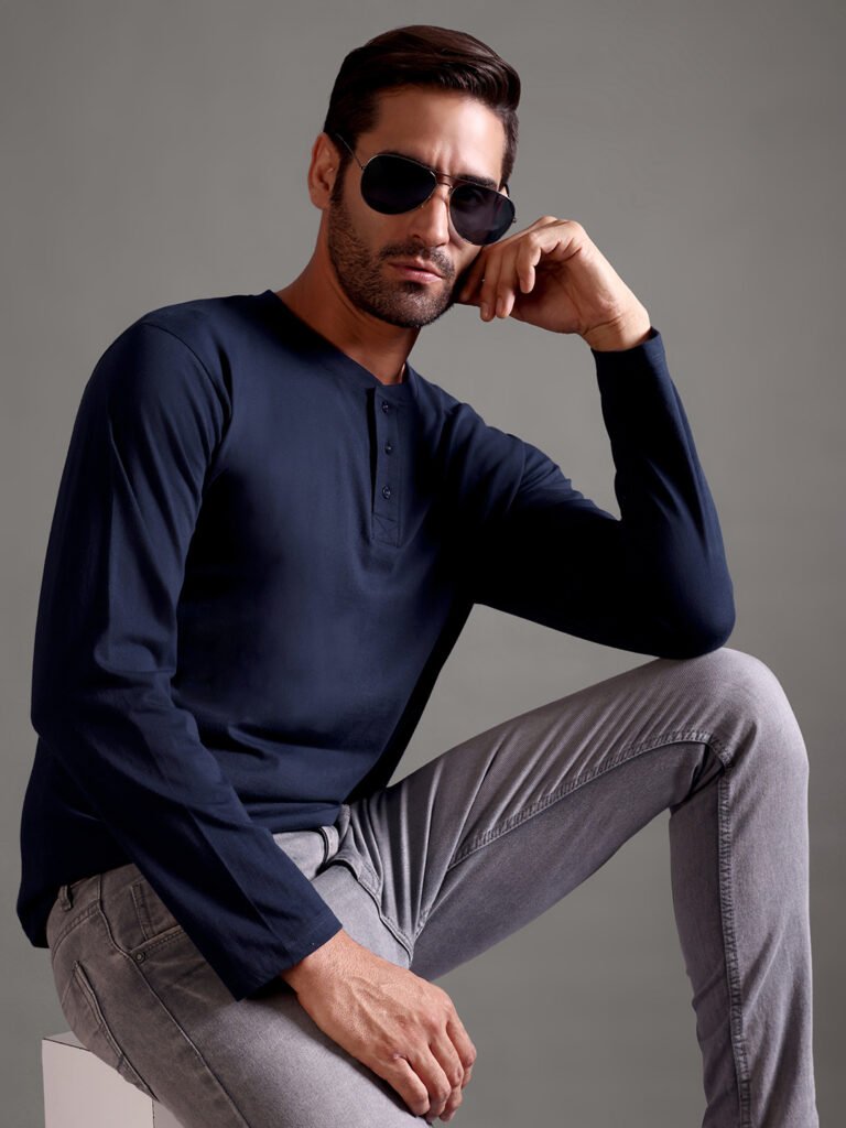 100% Pure Supima Cotton Henley Full Sleeve - Night Fall (Navy)