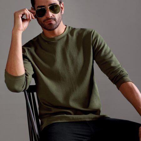 Waffle Textured Crew Neck Full Sleeve - Olive Green - Image 5