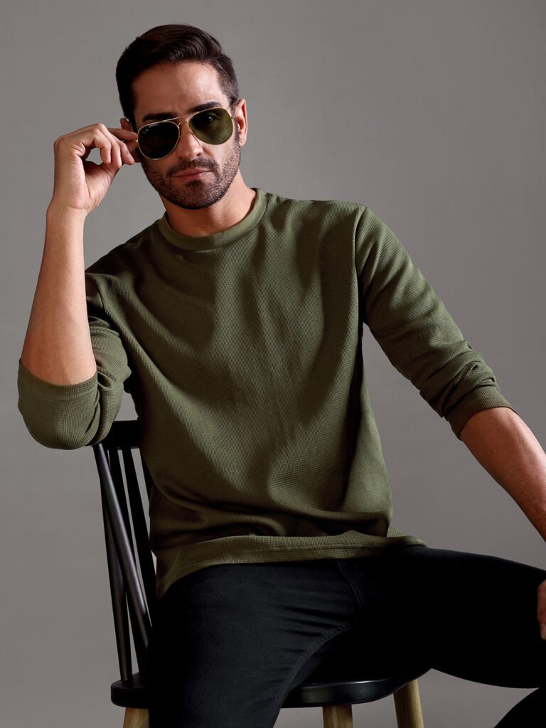 Waffle Textured Crew Neck Full Sleeve - Olive Green