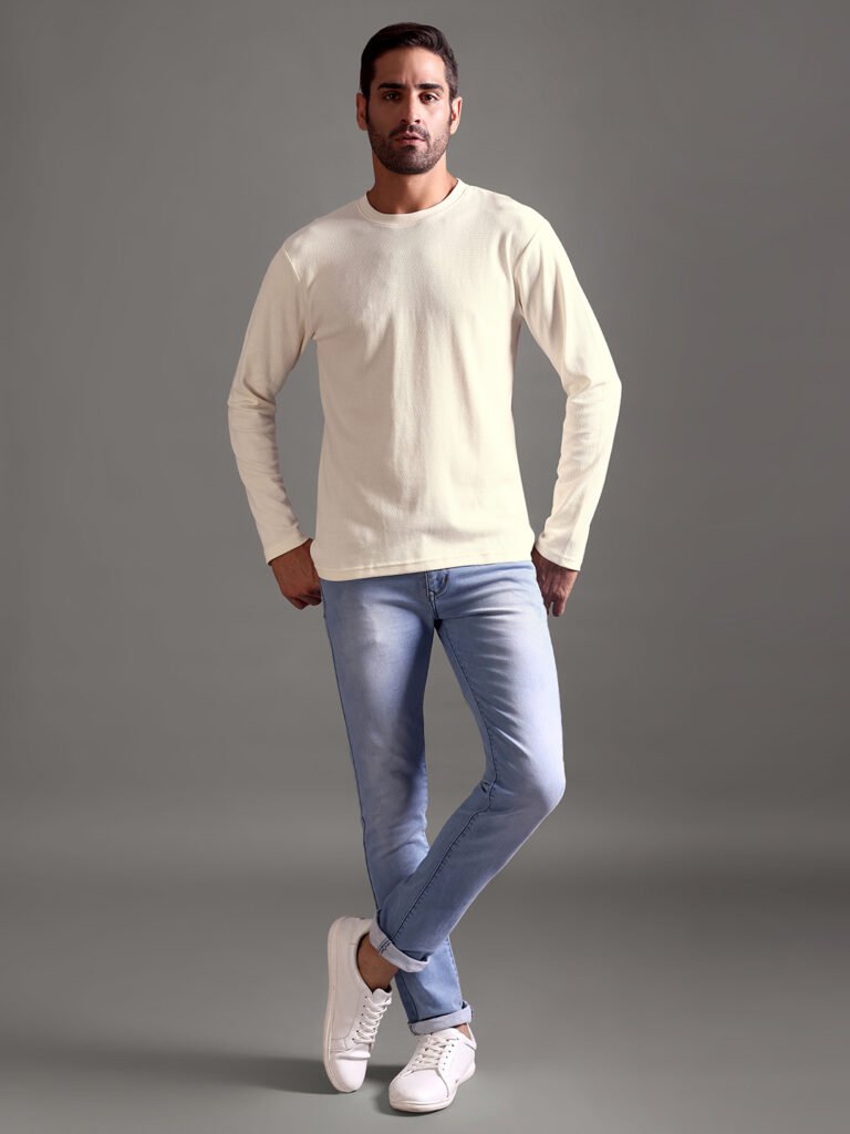 Eyelet Waffle Textured Crew Neck Full Sleeve - Off White