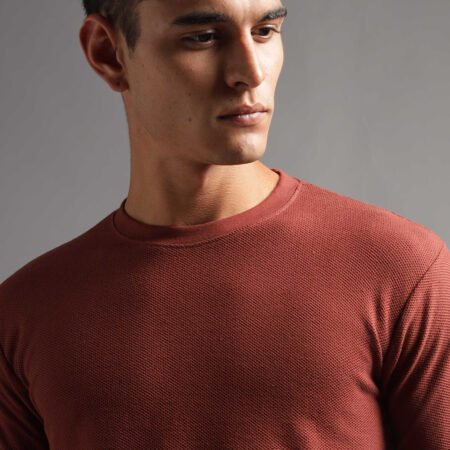 Honeycomb Waffle Textured Crew Neck Full Sleeve - Rust (Deep Maroon) - Image 5