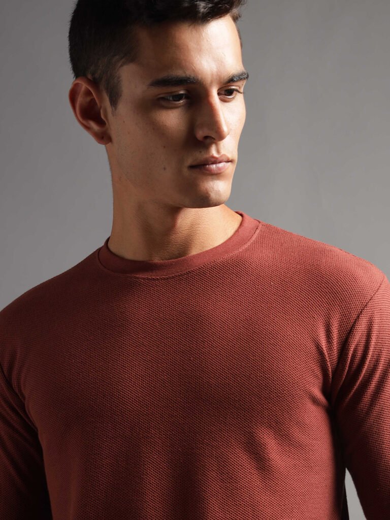 Honeycomb Waffle Textured Crew Neck Full Sleeve - Rust (Deep Maroon)