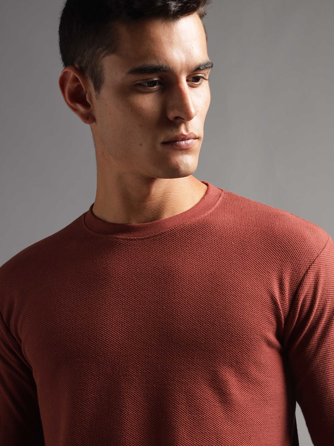 Honeycomb Waffle Textured Crew Neck Full Sleeve - Rust (Deep Maroon) - Image 5