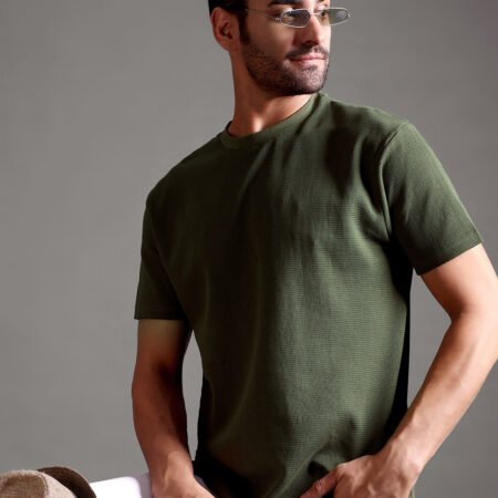 Waffle Textured Crew Neck - Olive Green - Image 5