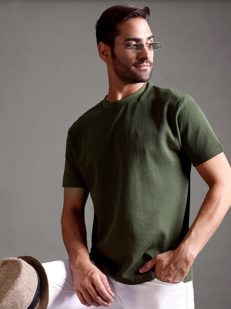Waffle Textured Crew Neck - Olive Green