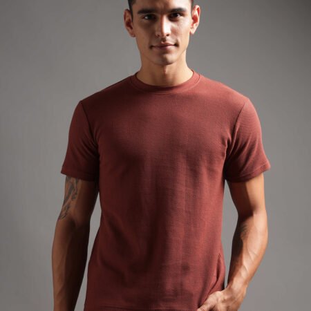 Honeycomb Waffle Textured Crew Neck - Rust (Deep Maroon) - Image 5