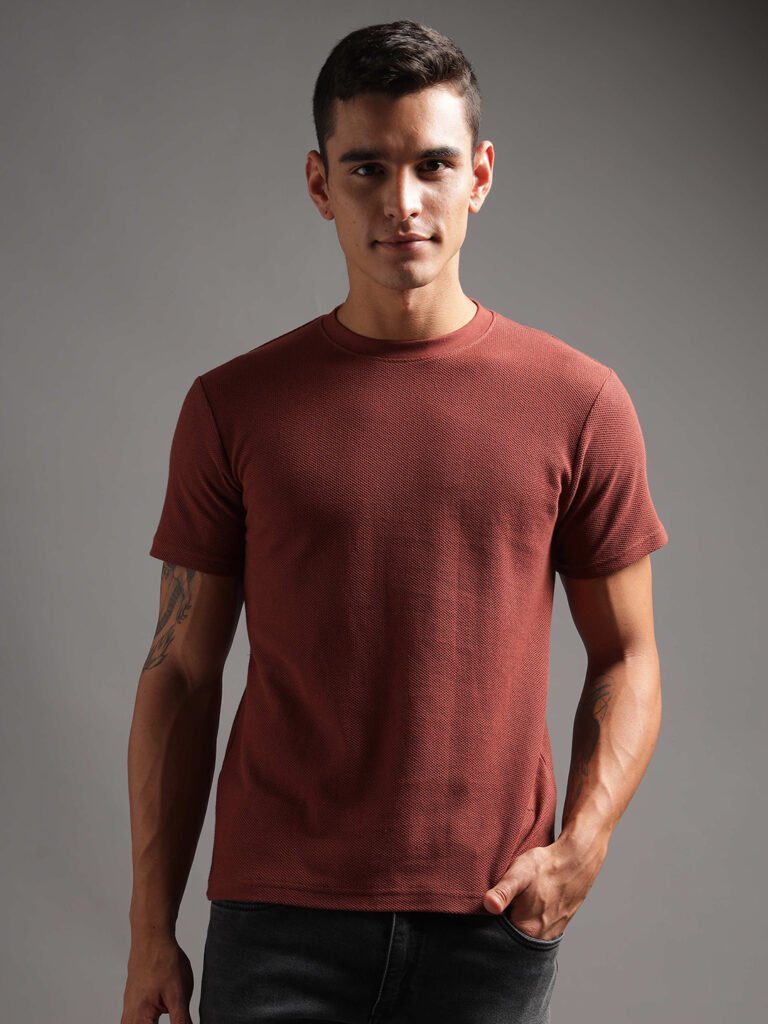 Honeycomb Waffle Textured Crew Neck - Rust (Deep Maroon)