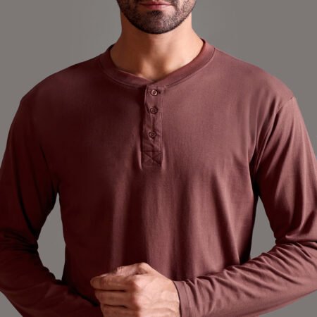 100% Pure Supima Cotton Henley Full Sleeve - Rust (Deep Maroon) - Image 4