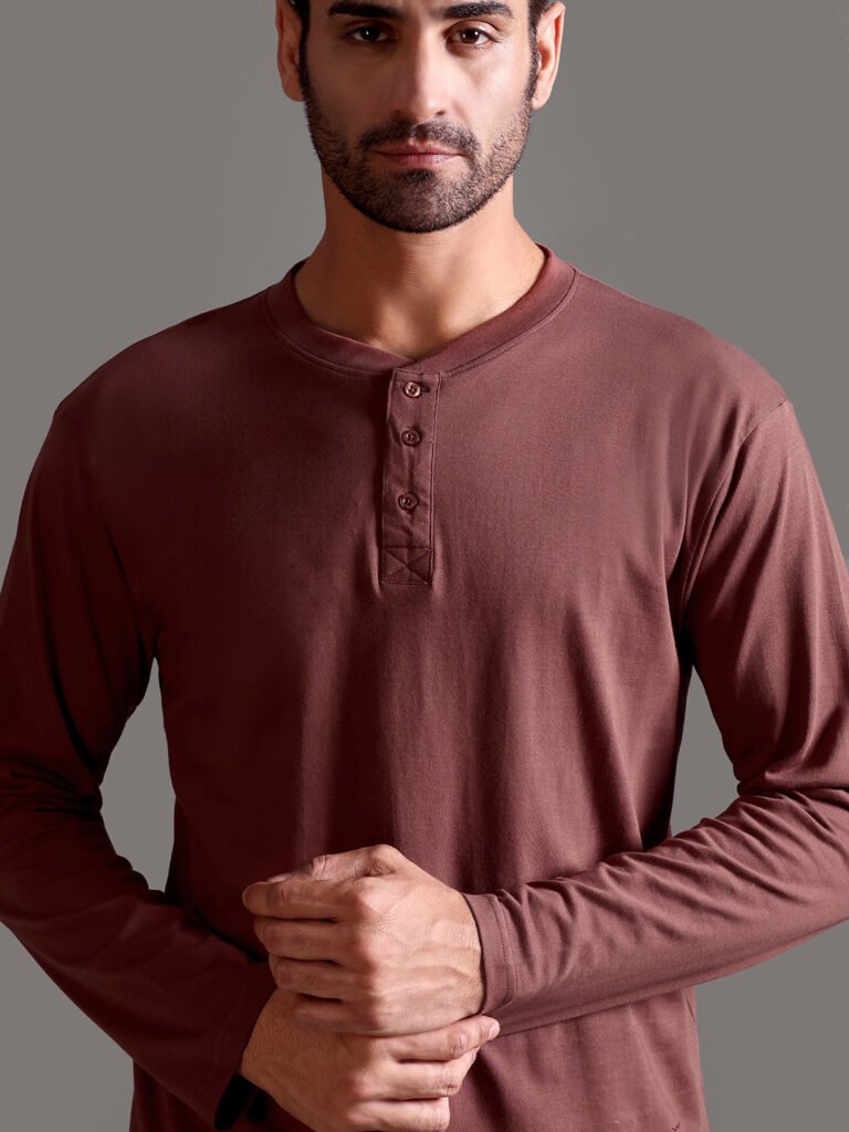 100% Pure Supima Cotton Henley Full Sleeve - Rust (Deep Maroon)