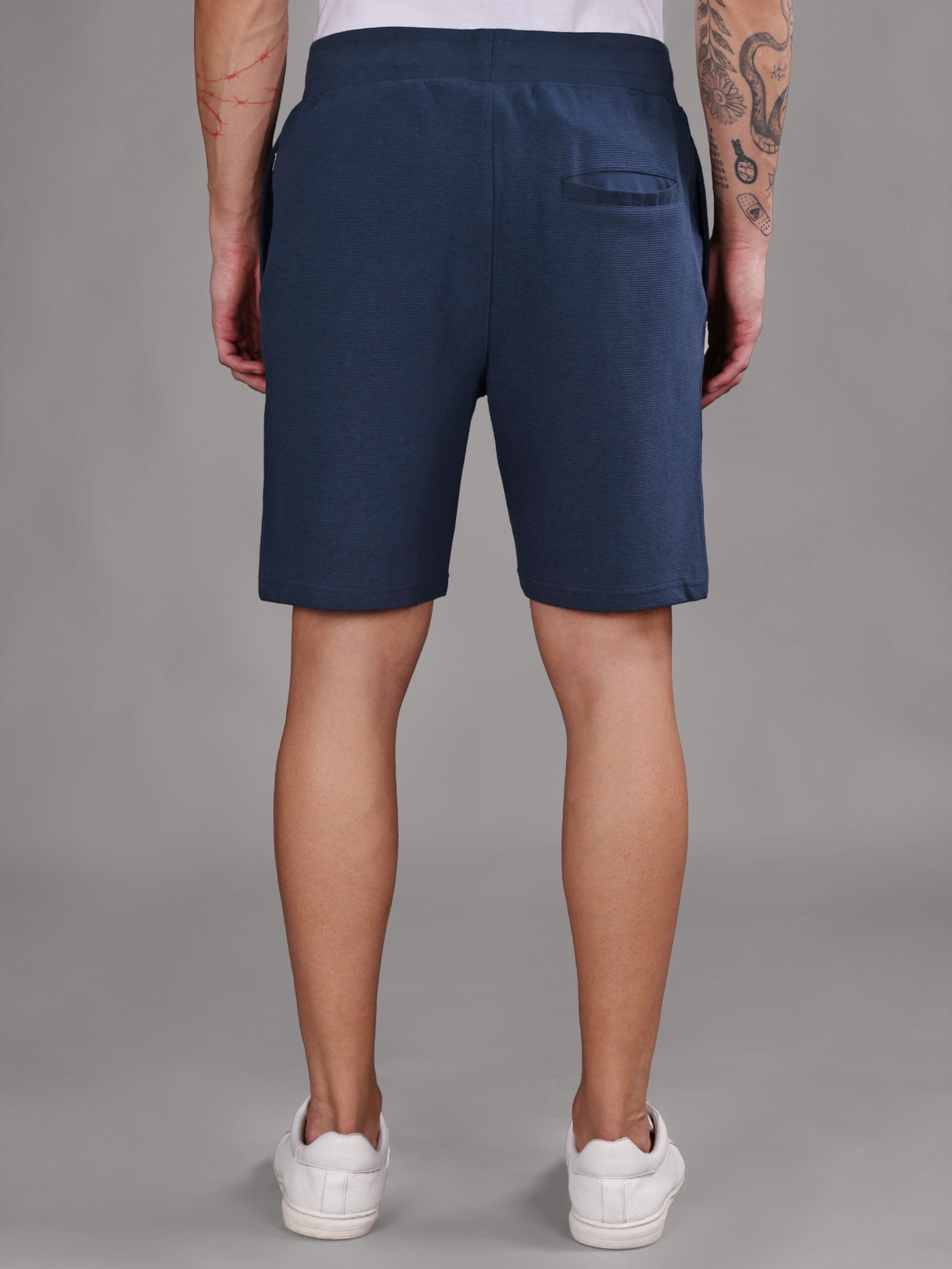 Ribbed Cotton Shorts with Zip Pocket - Navy Blue (350 GSM - Heavy) - Image 3