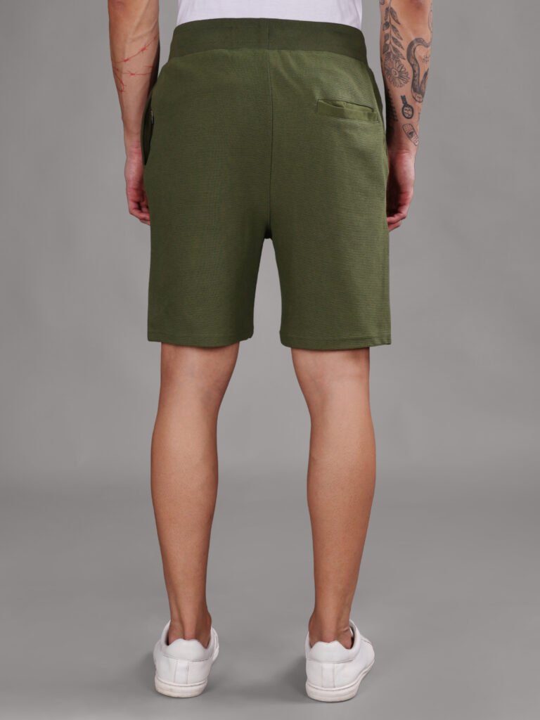 Ribbed Cotton Shorts with Zip Pocket - Olive Green (350 GSM - Heavy)