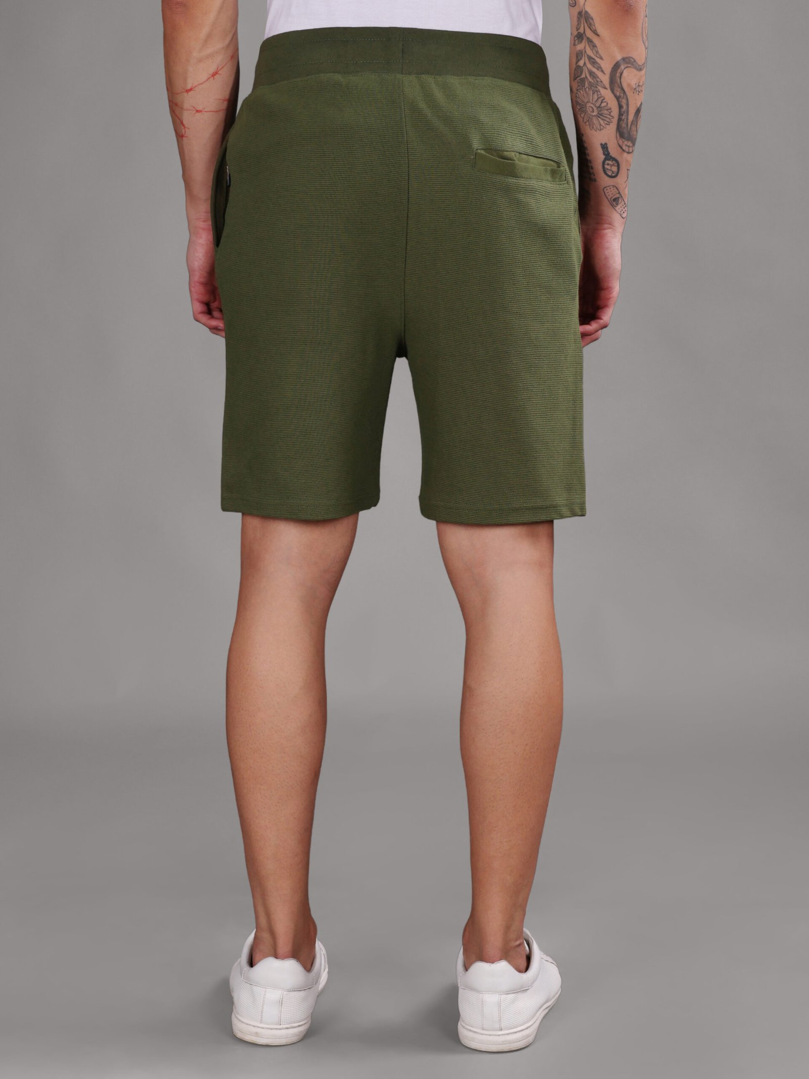 Ribbed Cotton Shorts with Zip Pocket - Olive Green (350 GSM - Heavy) - Image 4