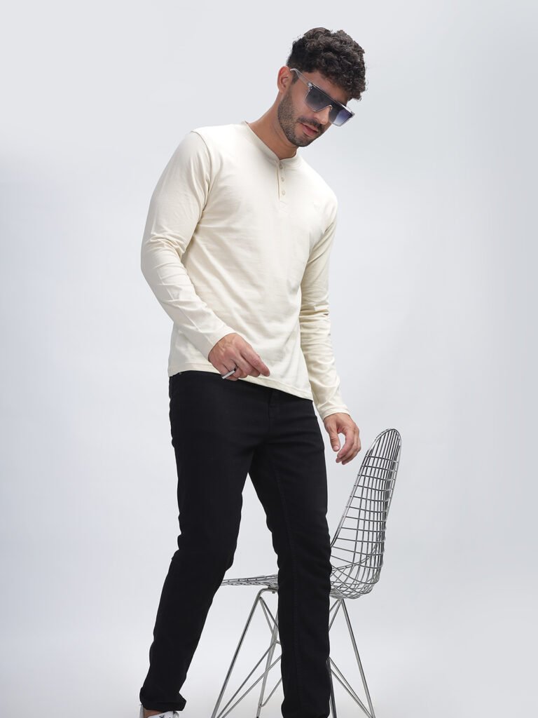 100% Pure Supima Cotton Henley Full Sleeve - Beach (Beige)