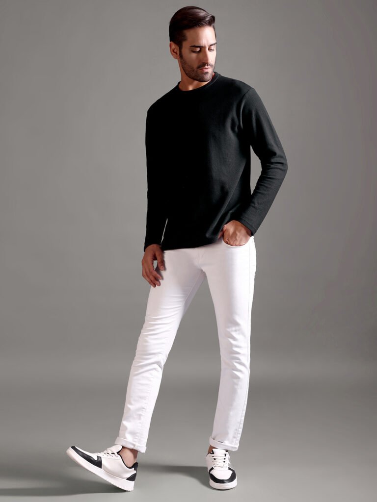 Honeycomb Waffle Textured Crew Neck Full Sleeve - Black