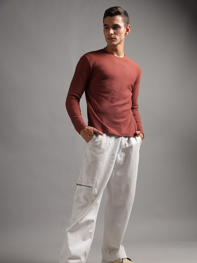 Honeycomb Waffle Textured Crew Neck Full Sleeve - Rust (Deep Maroon)