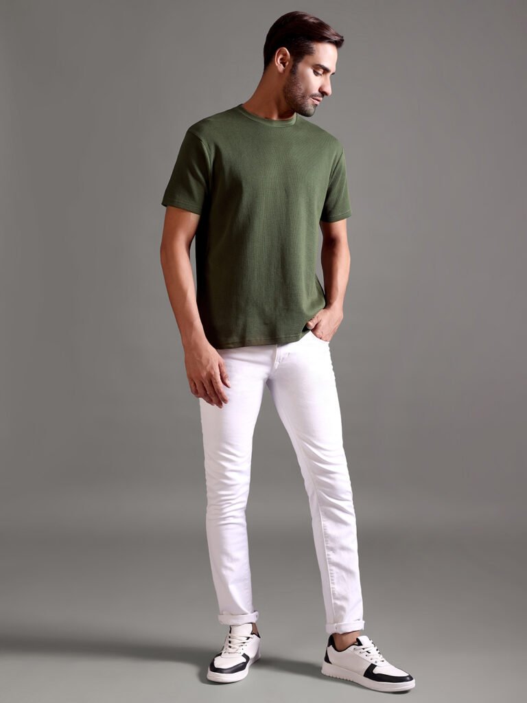 Waffle Textured Crew Neck - Olive Green
