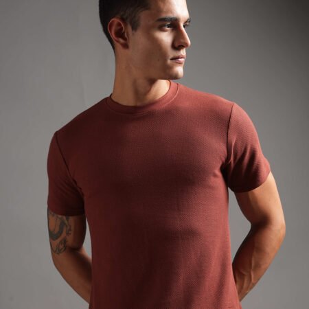 Honeycomb Waffle Textured Crew Neck - Rust (Deep Maroon) - Image 6
