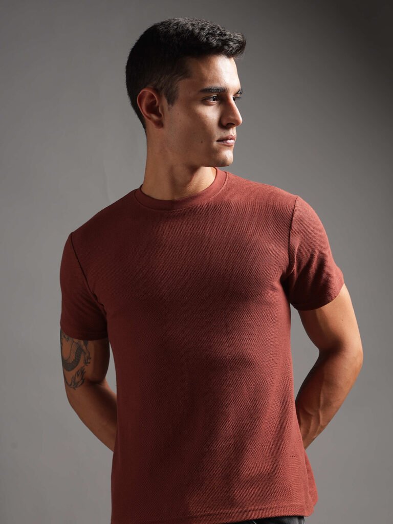 Honeycomb Waffle Textured Crew Neck - Rust (Deep Maroon)