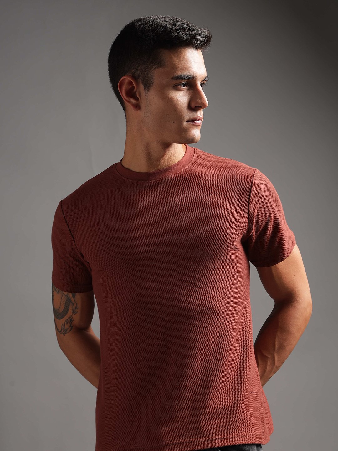 Honeycomb Waffle Textured Crew Neck - Rust (Deep Maroon) - Image 6