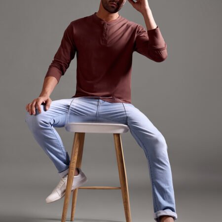 100% Pure Supima Cotton Henley Full Sleeve - Rust (Deep Maroon) - Image 5