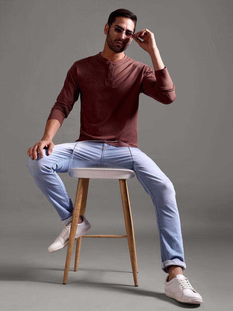 100% Pure Supima Cotton Henley Full Sleeve - Rust (Deep Maroon)