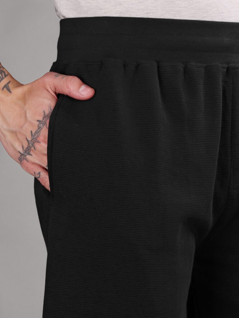 Ribbed Cotton Shorts with Zip Pocket - Black (350 GSM - Heavy)