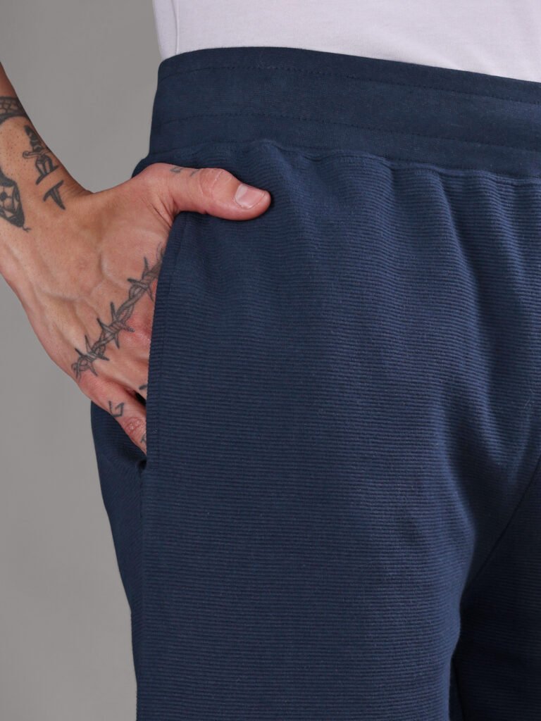 Ribbed Cotton Shorts with Zip Pocket - Navy Blue (350 GSM - Heavy)