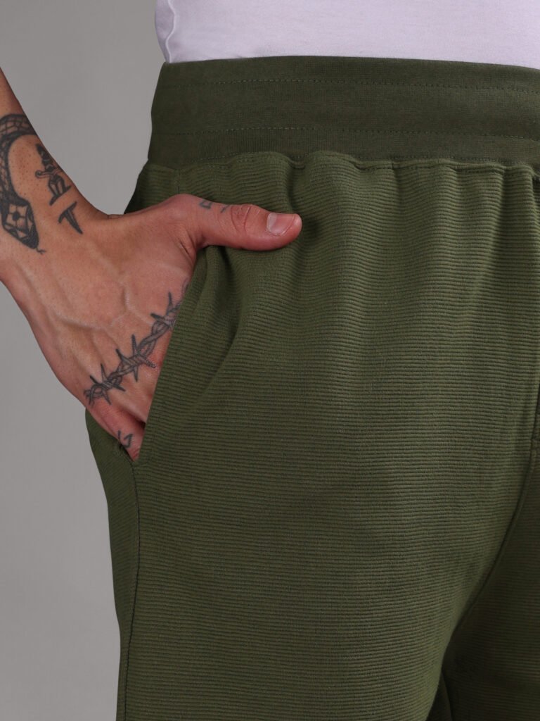 Ribbed Cotton Shorts with Zip Pocket - Olive Green (350 GSM - Heavy)
