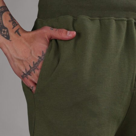 Ribbed Cotton Shorts with Zip Pocket - Olive Green (350 GSM - Heavy) - Image 2