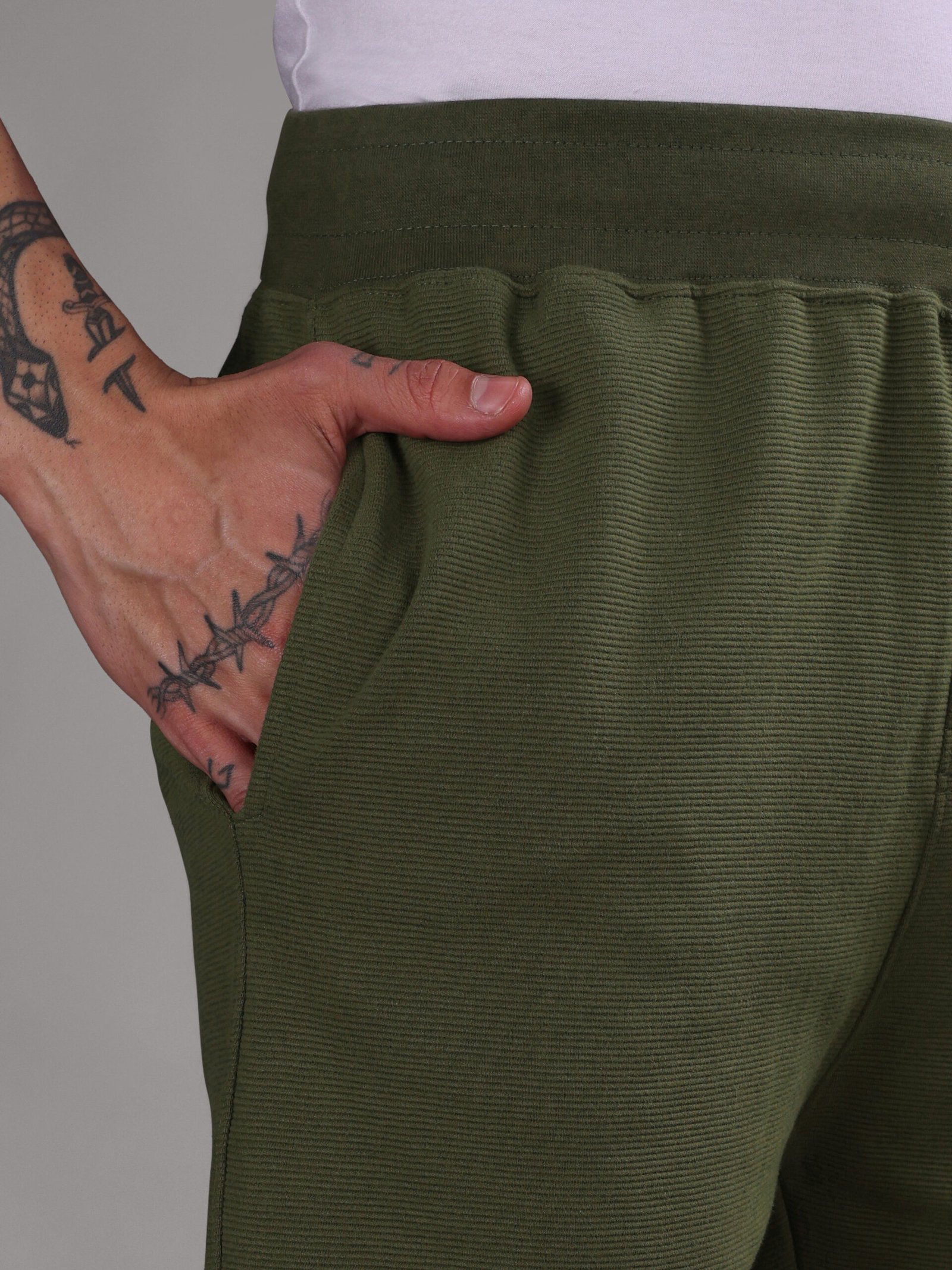 Ribbed Cotton Shorts with Zip Pocket - Olive Green (350 GSM - Heavy) - Image 2