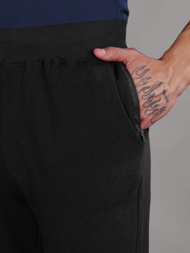 Ribbed Cotton Track Pant with Zip Pocket - Black (350 GSM - Heavy)
